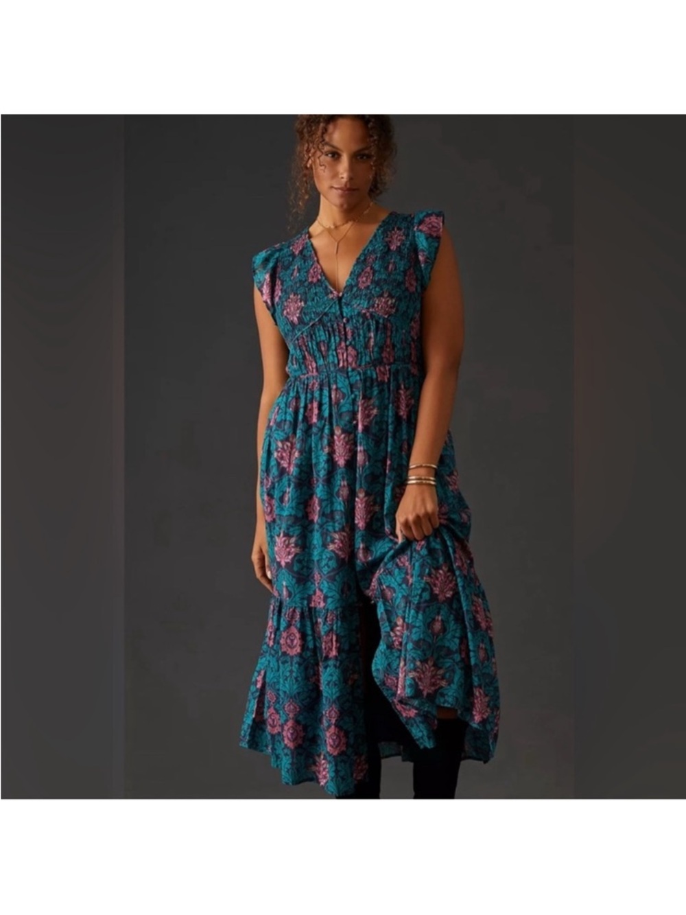 Anthropologie Teal Maxi Dress with Pink Floral Print